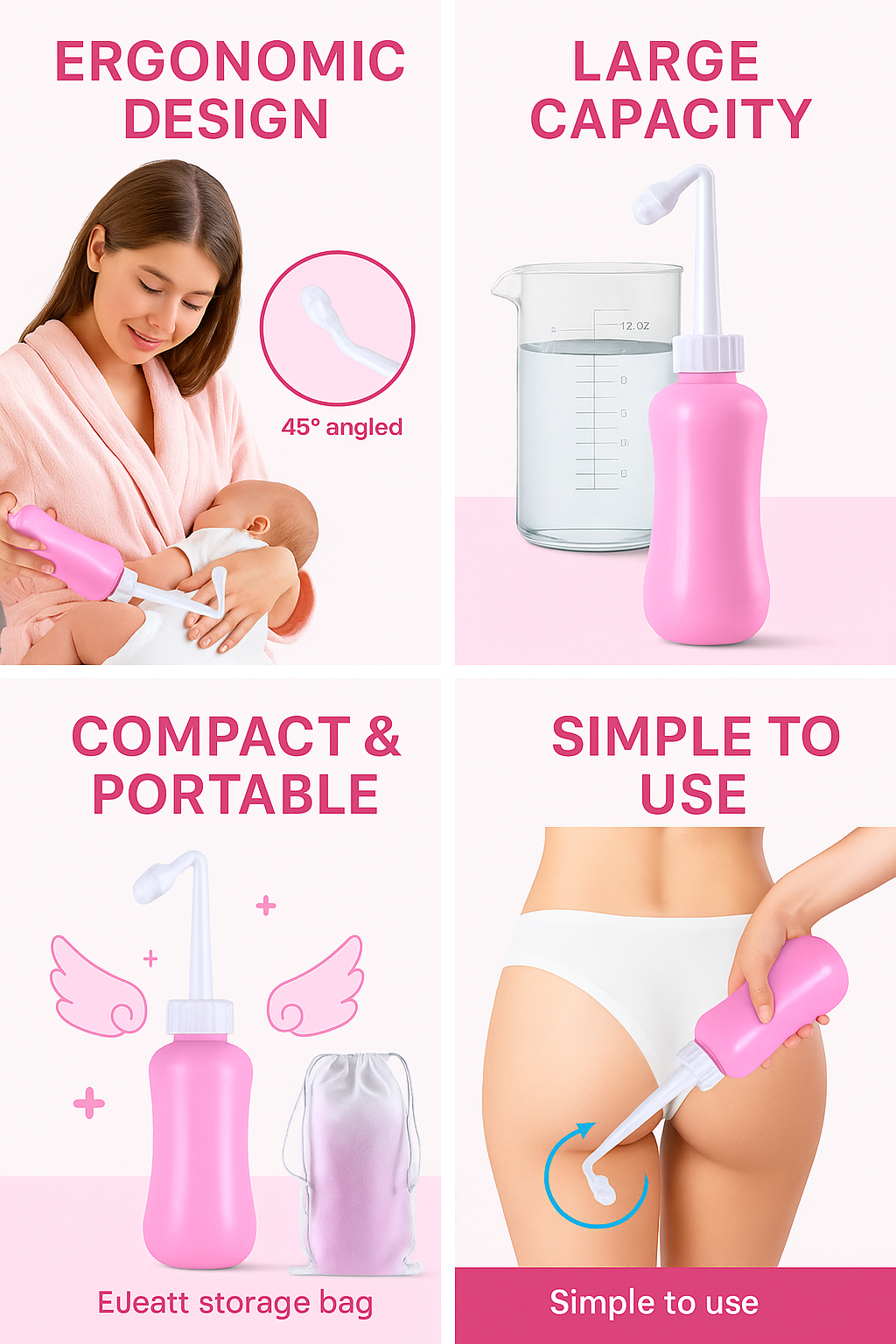 Upside‑Down Peri Bottle 450 ml – Angled Nozzle + Travel Bag – Postpartum/Menstrual/Elderly Care