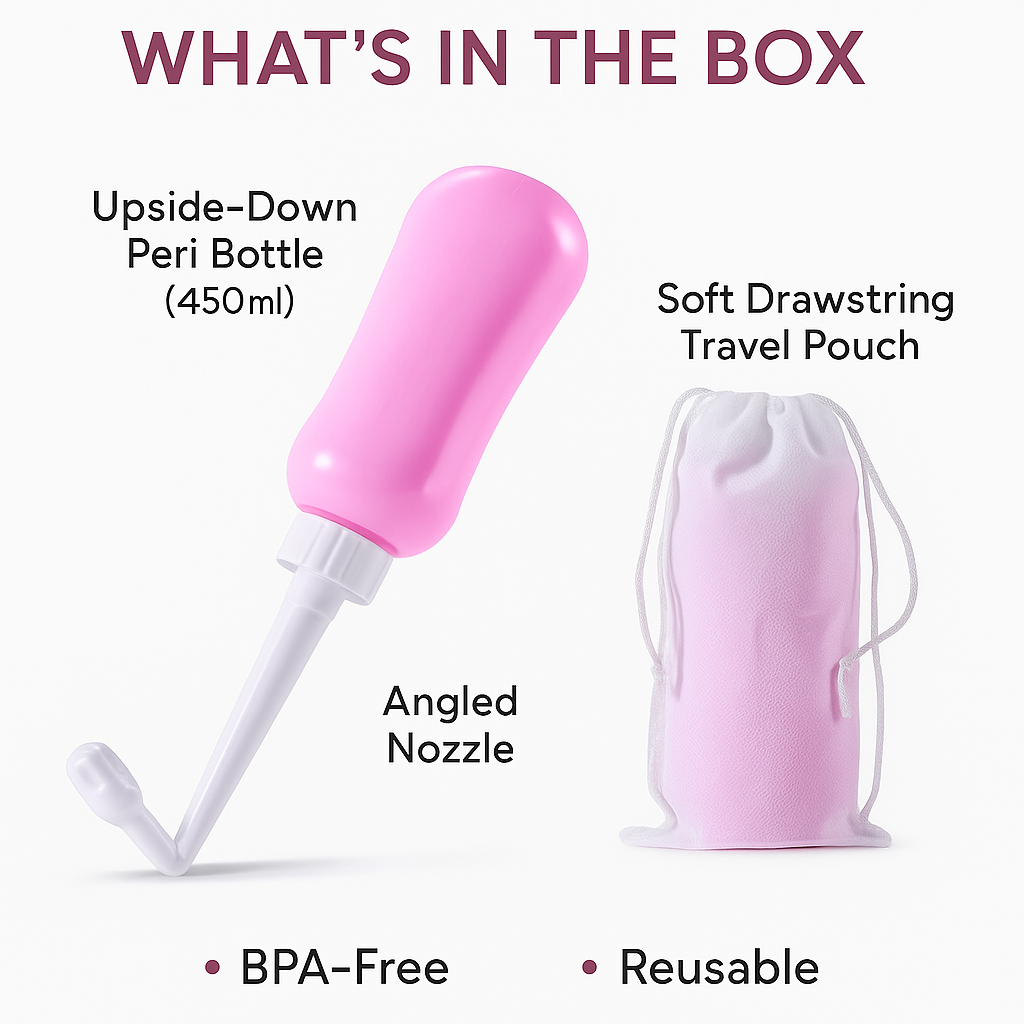 Upside‑Down Peri Bottle 450 ml – Angled Nozzle + Travel Bag – Postpartum/Menstrual/Elderly Care