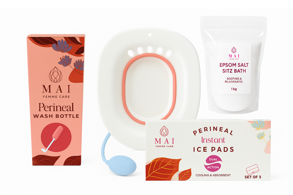 Ultimate Postpartum Recovery Kit – MAI Femme Care | Includes Peri Bottle, Sitz Bath, Epsom Salts & 3 Instant Ice Pads | Vaginal Birth & C-Section Essentials | New Mum Hospital Bag Must-Have