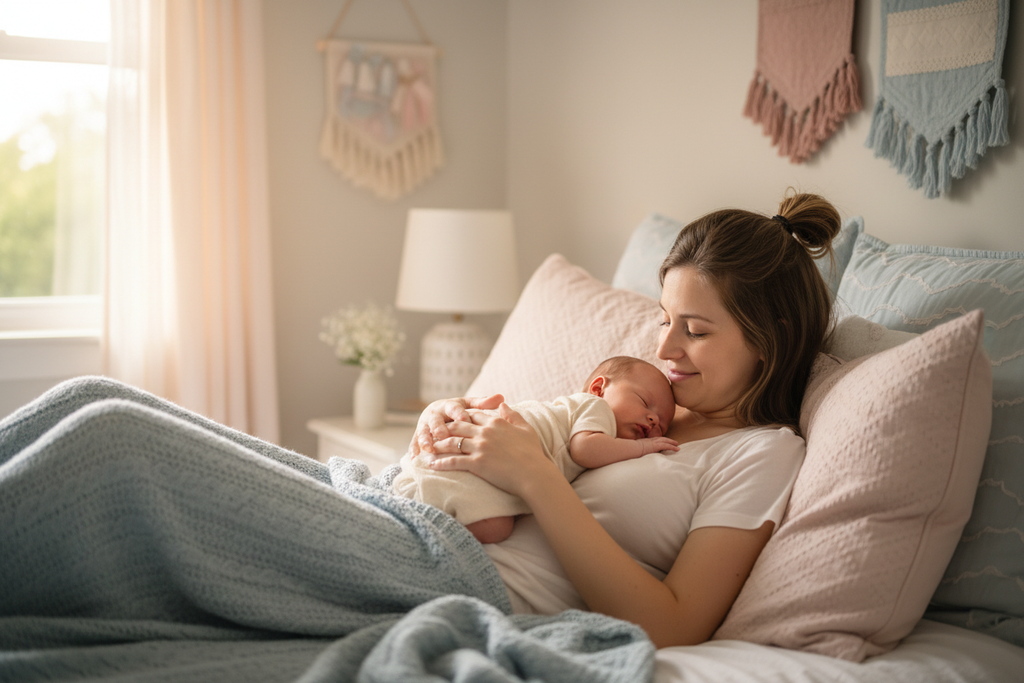 Happy mum with new born baby in bed