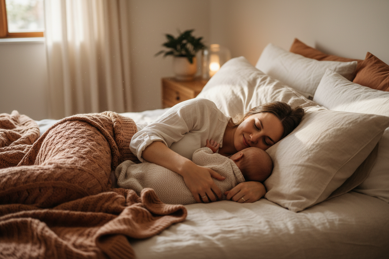 Mum in cozy bed with her baby